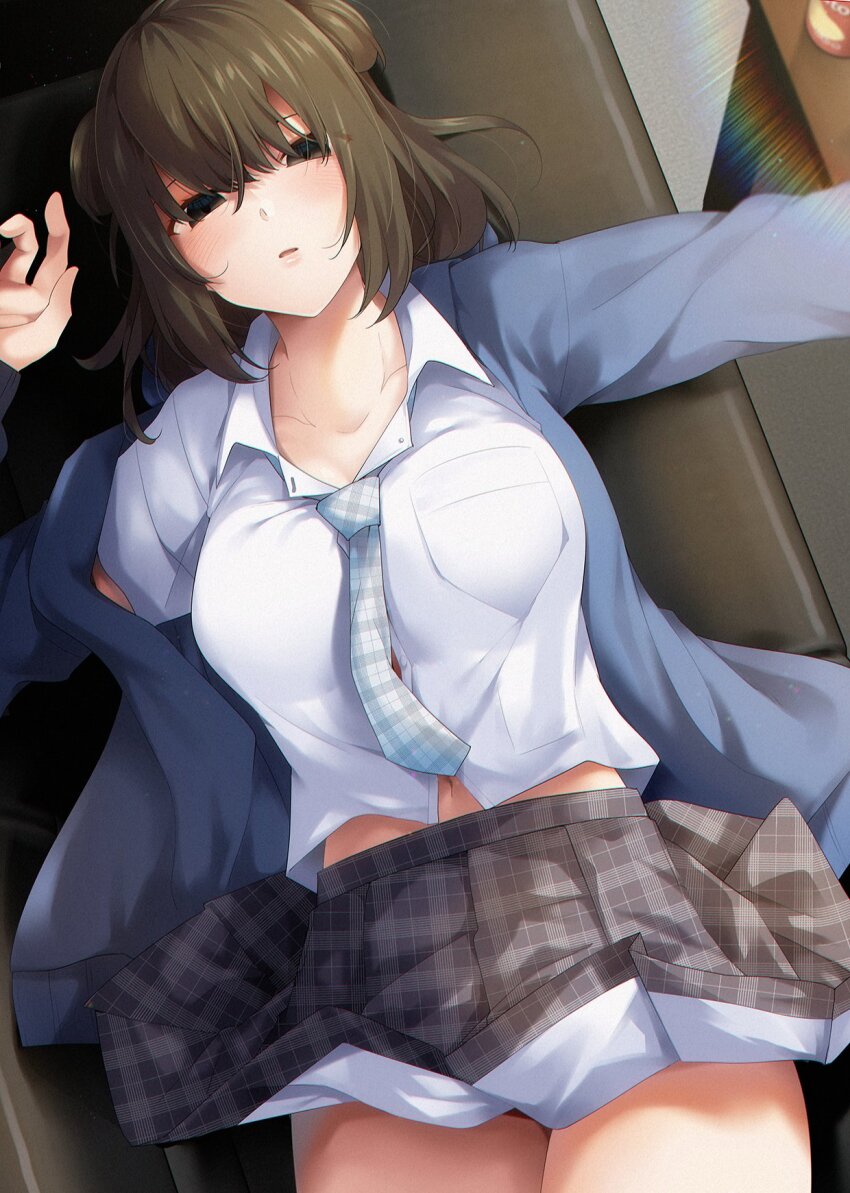 1girl, black_eyes, black_hair, black_jacket, black_skirt, blush, breast_pocket, breasts