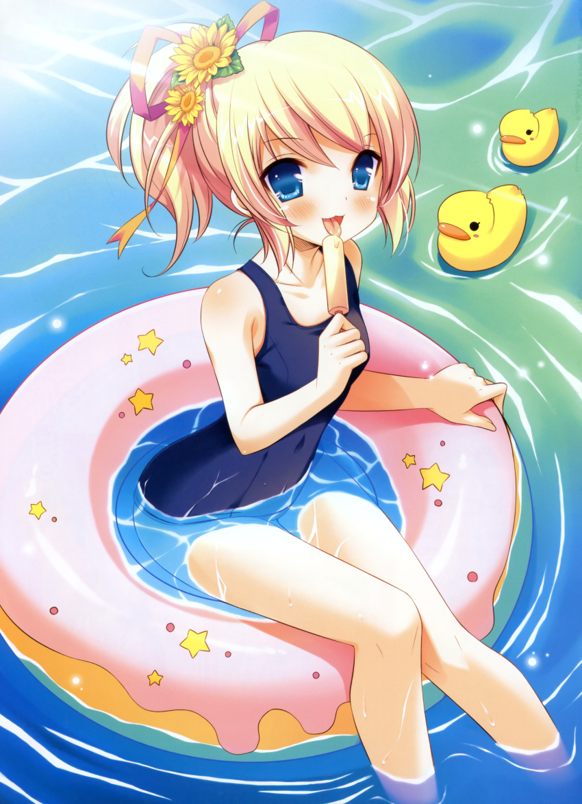 1girl, :3, absurdres, afloat, blue_eyes, blush, donut, donut_innertube