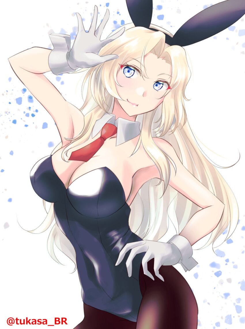 1girl, alternate_costume, animal_ears, black_leotard, black_pantyhose, blonde_hair, breasts, detached_collar