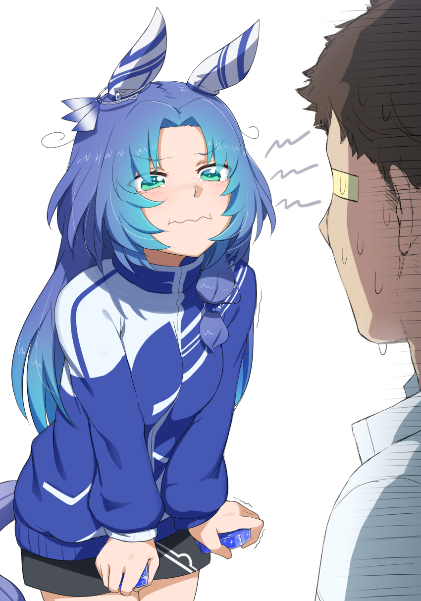 1boy, 1girl, abmayo, animal_ears, aqua_hair, black_shorts, blue_hair, blue_jacket