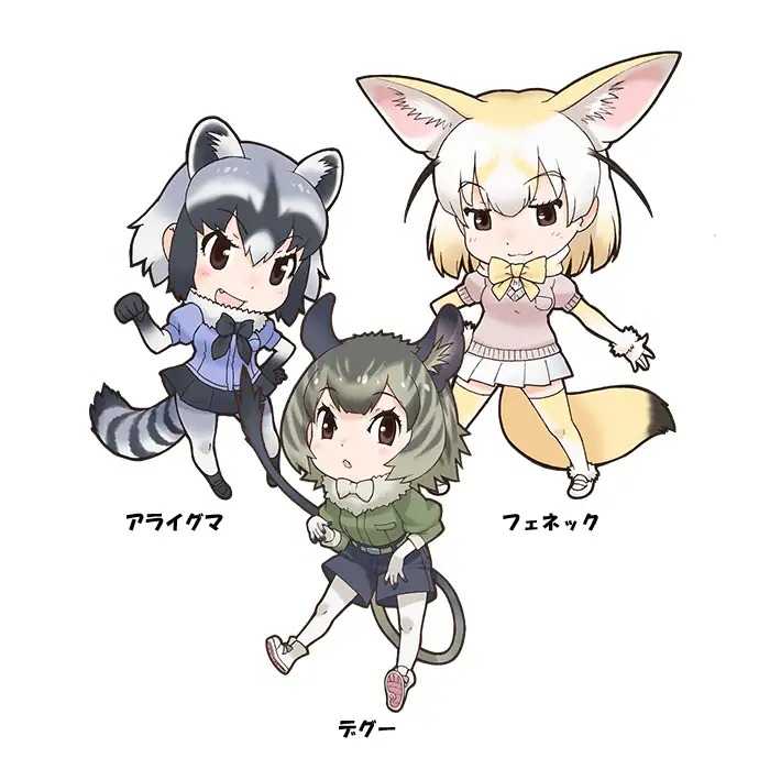3girls, blonde_hair, blue_hair, common_raccoon_(kemono_friends), degu_(kemono_friends), fennec_(kemono_friends), grey_hair, kemono_friends