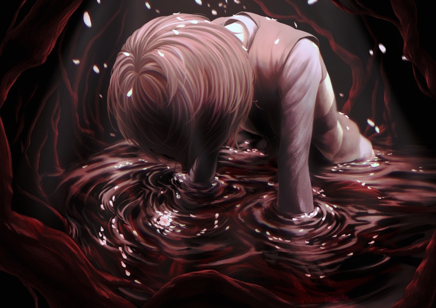 1boy, absurdres, brown_hair, cherry_blossoms, commentary_request, gegege_no_kitarou, head_down, highres