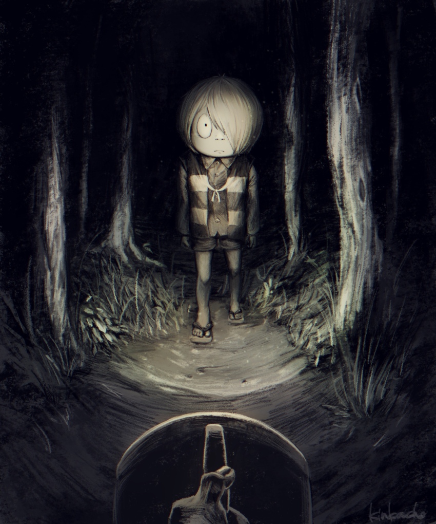 ._., 1boy, 1other, brown_hair, commentary_request, feet, forest, gegege_no_kitarou