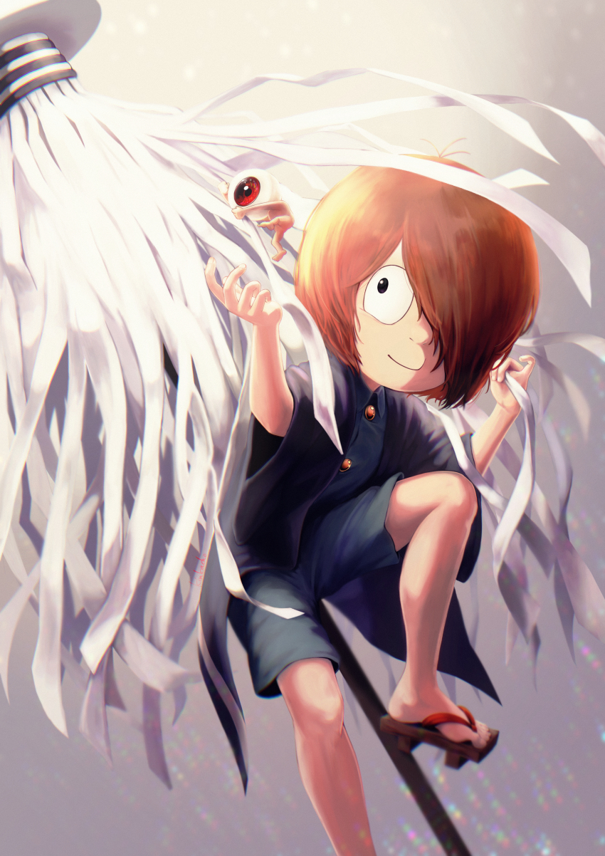 ._., 2boys, absurdres, brown_hair, commentary_request, eyeball, father_and_child, father_and_son, feet, gegege_no_kitarou, hair_over_one_eye, highres, kitarou, kujukusima, male_focus, medama_oyaji, multiple_boys, one_eye_covered, parent_and_child, red_eyes, sandals, short_hair, smile