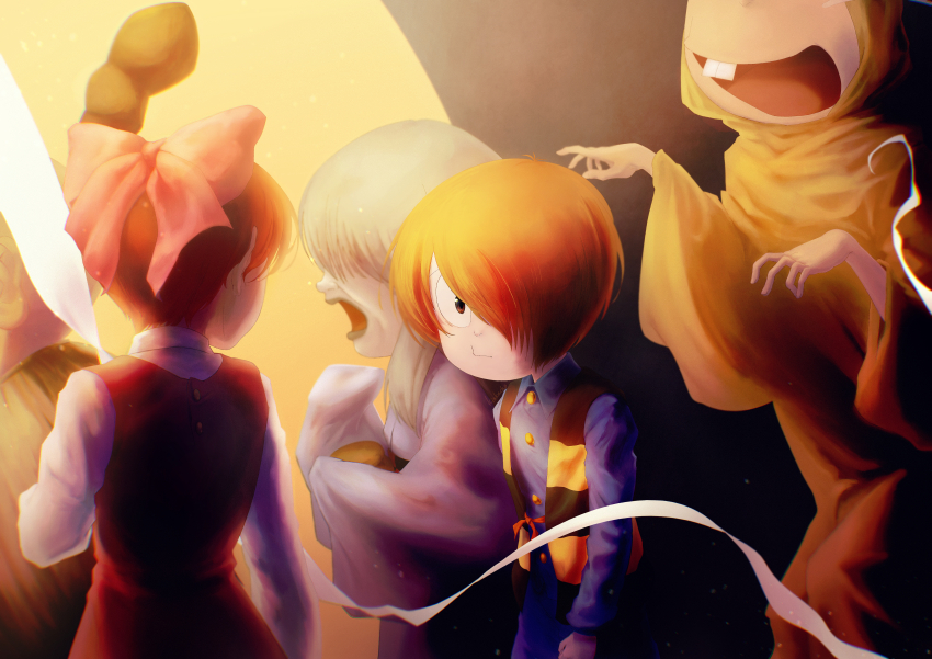 2girls, 3boys, absurdres, black_eyes, bow, brown_hair, commentary_request, gegege_no_kitarou