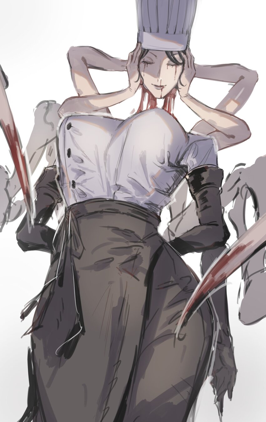 1girl, absurdres, apron, arms_behind_back, arthropod_limbs, black_blood, black_gloves, black_hair