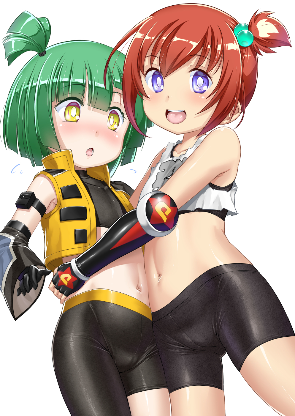 2girls, belly-to-belly, bike_shorts, black_gloves, black_shirt, black_shorts, black_sleeves, blue_eyes, blush, brown_hair, detached_sleeves, elbow_gloves, female_focus, fingerless_gloves, gloves, green_hair, groin, hair_bobbles, hair_ornament, highres, honoo_no_toukyuujo:_dodge_danko, hug, ichigeki_danko, jacket, loli, looking_at_viewer, midriff, multiple_girls, navel, one_side_up, open_mouth, otohana_hanii, shirt, short_hair, short_twintails, shorts, sleeveless, sleeveless_jacket, smile, standing, stomach, takase_yuu, thighs, twintails, white_shirt, yellow_eyes, yellow_jacket