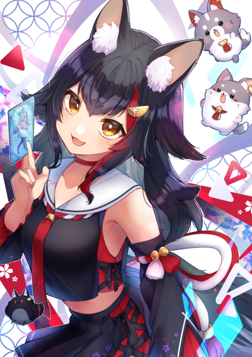 1girl, animal_ear_fluff, animal_ears, bell, between_fingers, black_hair, black_serafuku, black_shirt, black_skirt, black_sleeves, breasts, card, card_between_fingers, choker, commentary, cropped_shirt, detached_sleeves, flipped_hair, hair_between_eyes, hatotaurus_(ookami_mio), highres, holding, holding_card, hololive, jingle_bell, kouhaku_nawa, kuwaefuru, long_hair, looking_at_viewer, low-tied_long_hair, medium_breasts, miniskirt, miofa_(ookami_mio), multicolored_hair, necktie, ookami_mio, ookami_mio_(1st_costume), pleated_skirt, red_choker, red_hair, red_necktie, rope, sailor_collar, school_uniform, serafuku, shimenawa, shirt, side-tie_shirt, skirt, sleeveless, sleeveless_shirt, solo, spiked_hair, streaked_hair, tarot, tarot_card, very_long_hair, virtual_youtuber, white_sailor_collar, wolf_ears, yellow_eyes
