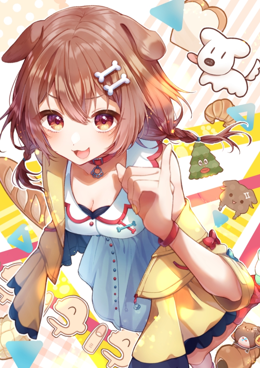 1girl, animal_collar, animal_ears, bone_hair_ornament, bracelet, braid, breasts, brown_eyes