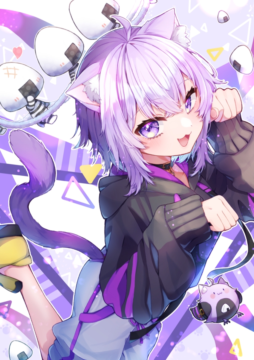 1girl, :d, ahoge, animal_ear_fluff, asymmetrical_pants, black_hoodie, blue_hair, cat_girl