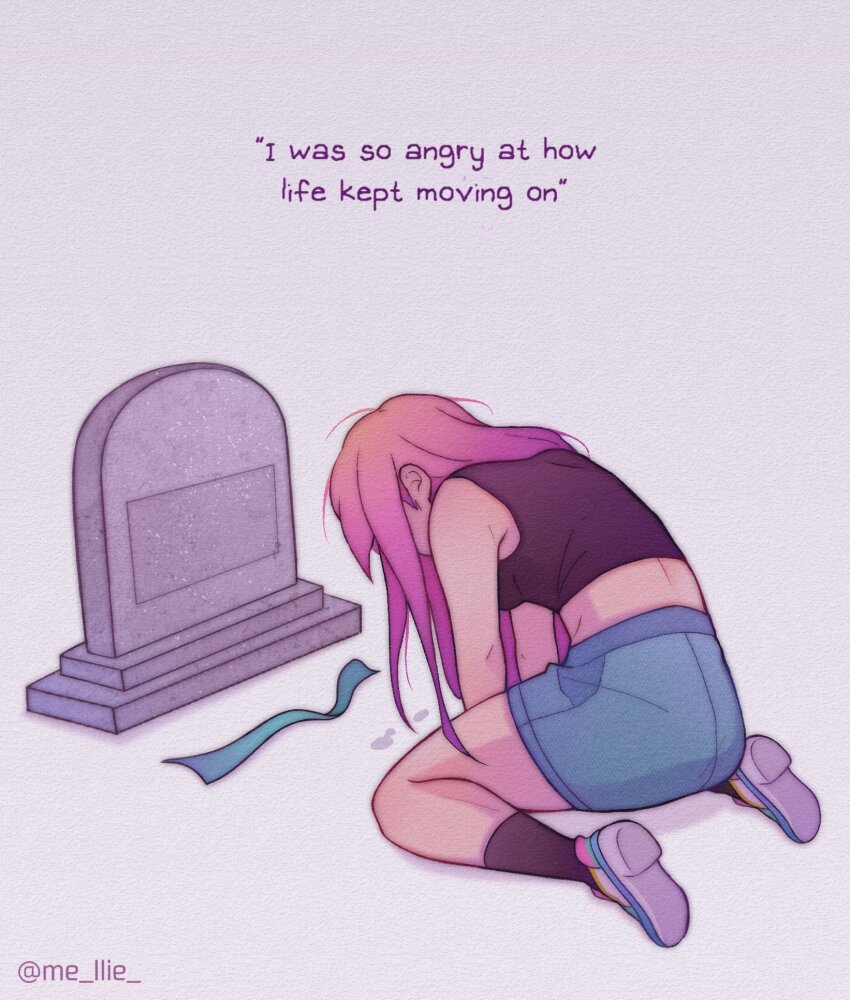 1girl, aubrey_(faraway)_(omori), aubrey_(omori), black_socks, blue_skirt, crop_top, crying, denim