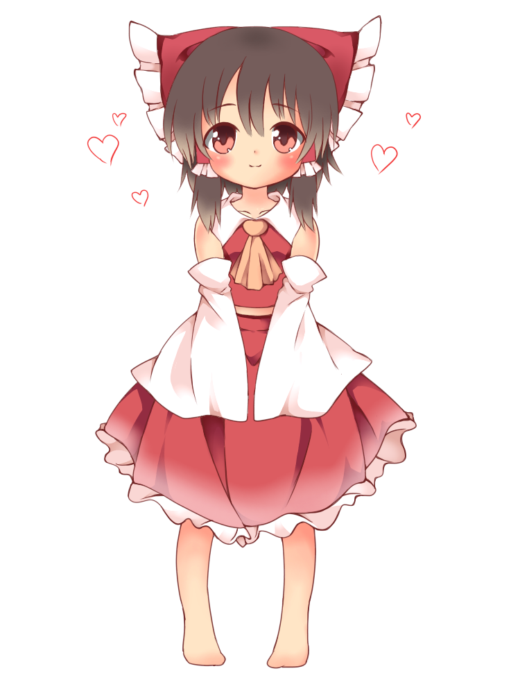 1girl, bare_shoulders, barefoot, bow, breasts, brown_hair, chibi, closed_mouth