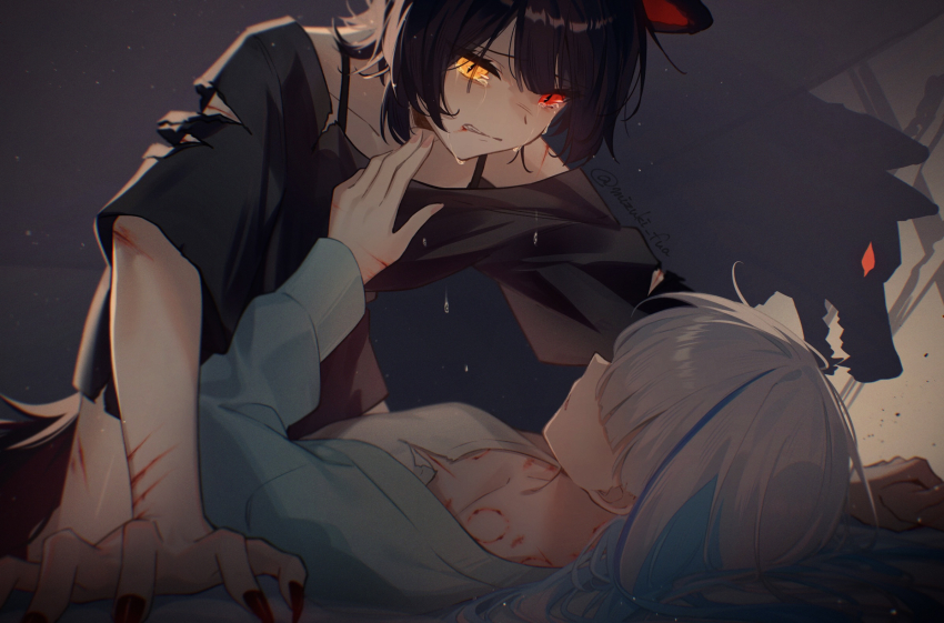 2girls, animal_ears, aqua_cardigan, aqua_hair, artist_name, black_camisole, black_dress, bleeding