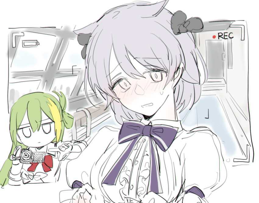 2girls, alina_gray, an_sin, azusa_mifuyu, battery_indicator, blush, border, bow