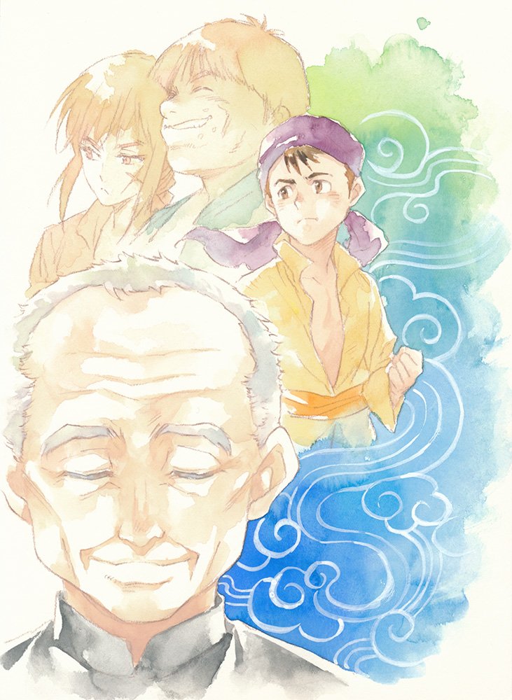 1girl, 3boys, agahari, bandana, black_hair, braid, brown_hair, closed_mouth