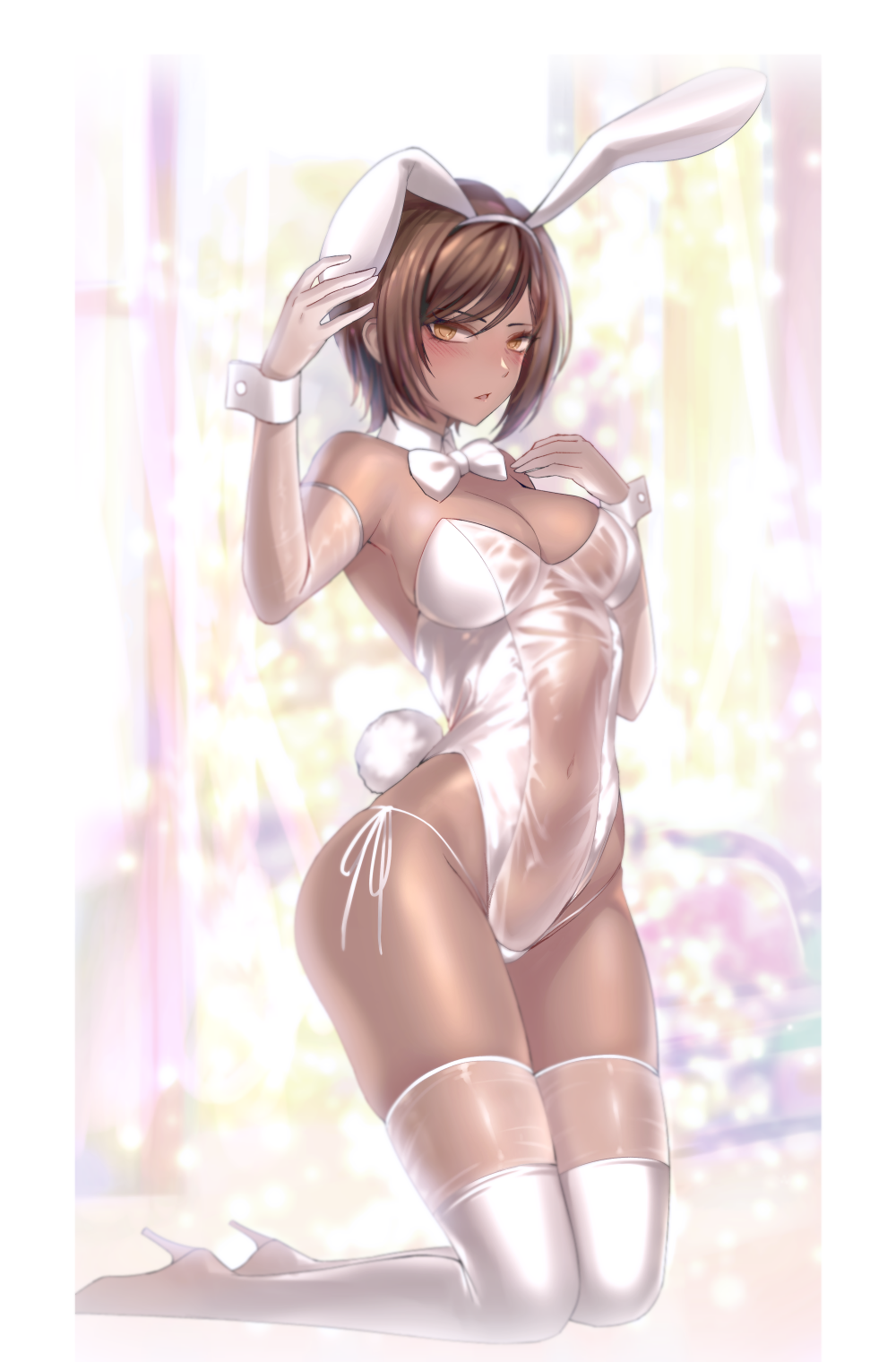 1girl, blush, boots, bow, bowtie, breasts, brown_hair, dark-skinned_female, dark_skin, detached_collar, dolsig_ilangnolja, elbow_gloves, full_body, gloves, high_heel_boots, high_heels, highres, kneeling, limbus_company, medium_breasts, navel, orange_eyes, outis_(project_moon), panties, playboy_bunny, project_moon, see-through_clothes, side-tie_panties, skindentation, solo, string_panties, thigh_boots, underwear, wrist_cuffs