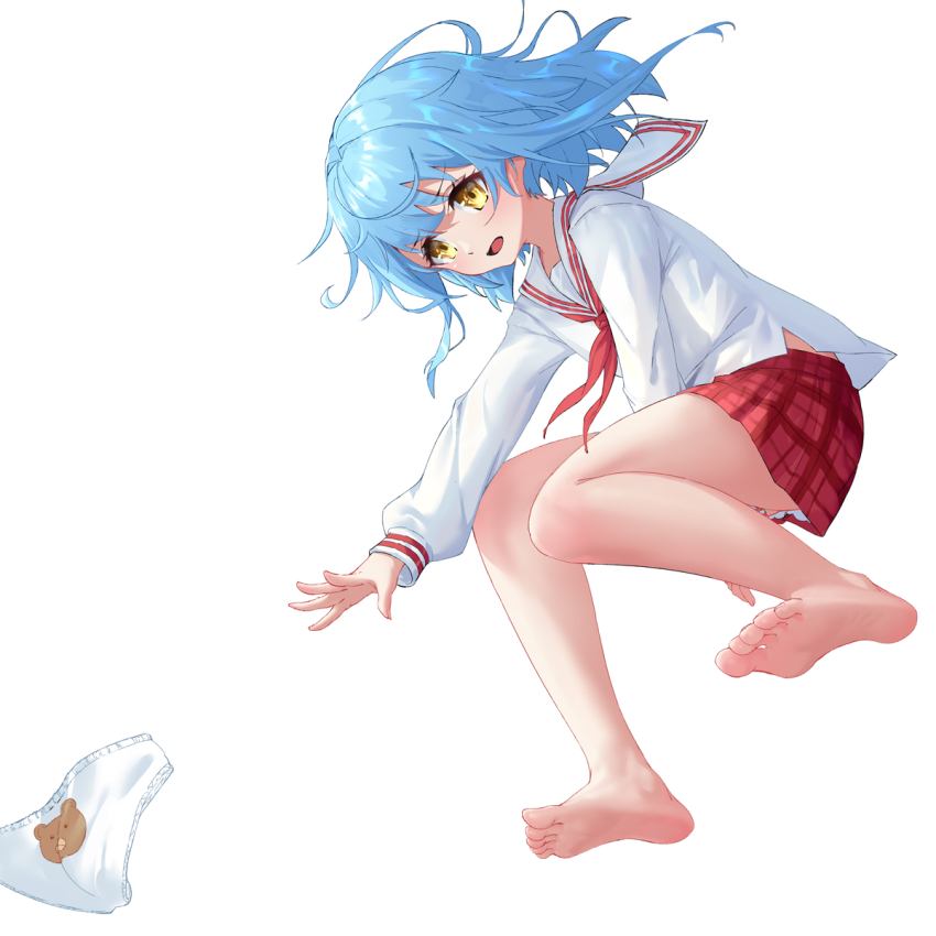 1girl, animal_print, bare_legs, barefoot, bear_panties, bear_print, blue_hair, bly-yuan