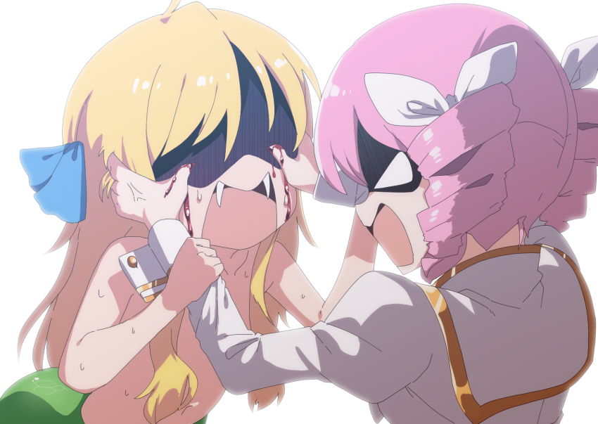 2girls, ahoge, blonde_hair, blood, blue_ribbon, bow, drill_hair, fangs