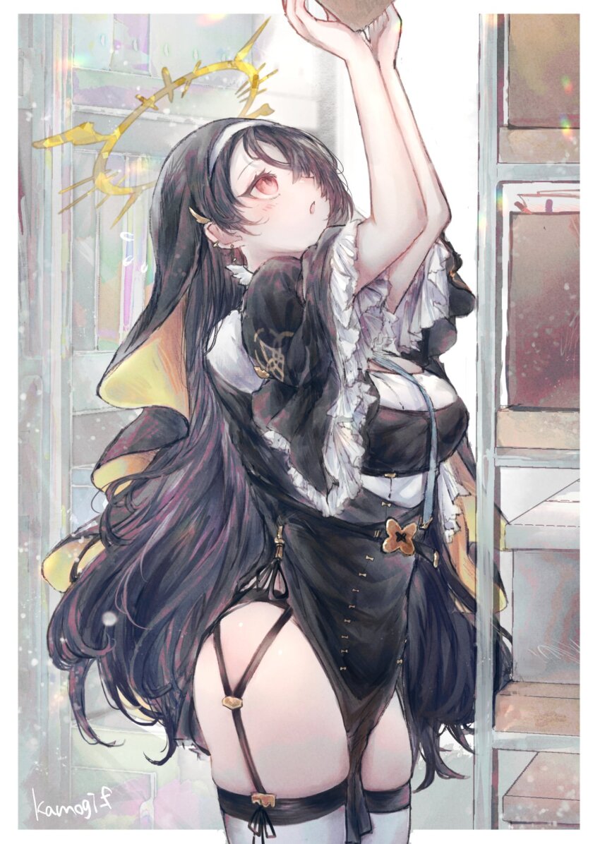 asymmetrical_bangs, black_hair, blue_archive, cleavage_cutout, clothing_cutout, cross, cross_earrings, earrings, gamo_tako, garter_belt, garter_straps, habit, hair_over_one_eye, halo, highres, hinata_(blue_archive), jewelry, juliet_sleeves, latex, latex_legwear, latin_cross, long_hair, long_sleeves, nun, nun_headdress, pelvic_curtain, puffy_sleeves, very_long_hair