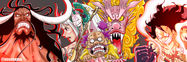 2girls, 4boys, aqua_hair, artist_name, black_hair, dragon, facial_hair, horns, kaidou_(one_piece), kouzuki_hiyori, kouzuki_momonosuke, kurozumi_orochi, long_hair, mask, monkey_d._luffy, multiple_boys, multiple_girls, mustache, one_piece, oni_horns, purple_hair, sssssuama, yamato_(one_piece)