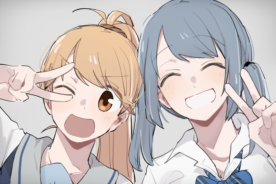 2girls, :d, an_sin, blue_bow, blue_bowtie, blue_hair, blue_sailor_collar, bow