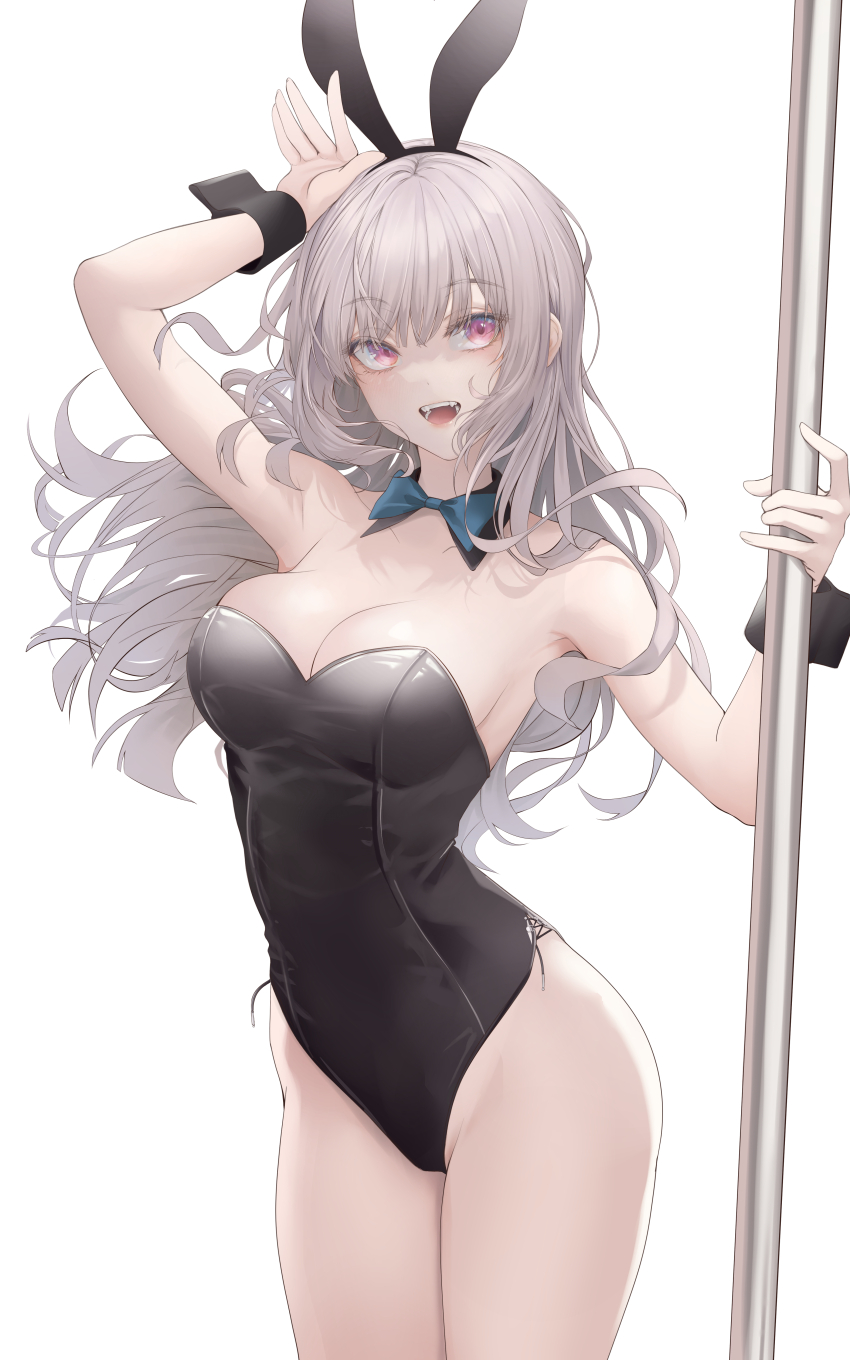 1girl, :d, absurdres, animal_ears, arm_up, black_choker, black_hairband, black_leotard