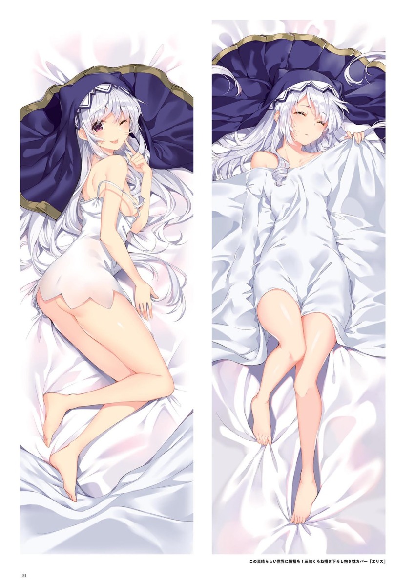 1girl, ;p, bare_arms, bare_legs, barefoot, bed_sheet, breasts, closed_eyes
