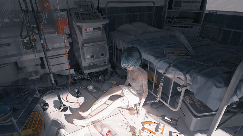 1girl, absurdres, ayanami_rei, bandaged_arm, bandaged_leg, bandages, bandaid, bare_legs, bare_shoulders, barefoot, bed, bed_sheet, blanket, blood, blood_bag, blue_hair, bottle, box, breasts, cable, camisole, can, closed_mouth, collarbone, controller, cup, dress, expressionless, feet, from_above, full_body, glass, highres, holding, homutan_(syjg2733), hospital, hospital_bed, hospital_room, indoors, injury, intravenous_drip, legs, looking_away, messy_room, monitor, neon_genesis_evangelion, pill, pillow, red_eyes, scenery, short_dress, short_hair, sitting, sleeveless, sleeveless_dress, small_breasts, solo, spaghetti_strap, strap_slip, syringe, tile_floor, tiles, toenails, toes, tools, tube, white_dress, window, wire