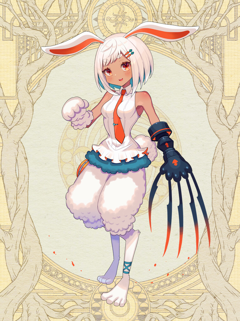 1girl, animal_ears, animal_hands, between_breasts, blush, breasts, claw_(weapon), colored_inner_hair