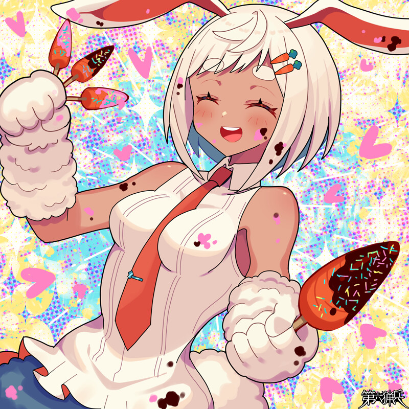1girl, :d, animal_ears, animal_hands, between_breasts, breasts, carrot, carrot_hair_ornament, chocolate_syrup, closed_eyes, dairoku_ryouhei, dark-skinned_female, dark_skin, food, food-themed_hair_ornament, food_on_face, gloves, hair_ornament, hairclip, heart, holding, holding_food, impossible_clothes, lita3773, necktie, open_mouth, paw_gloves, rabbit_ears, rabbit_tail, red_necktie, shirt, sleeveless, sleeveless_shirt, small_breasts, smile, solo, standing, tail, thick_eyebrows, tie_clip, white_gloves