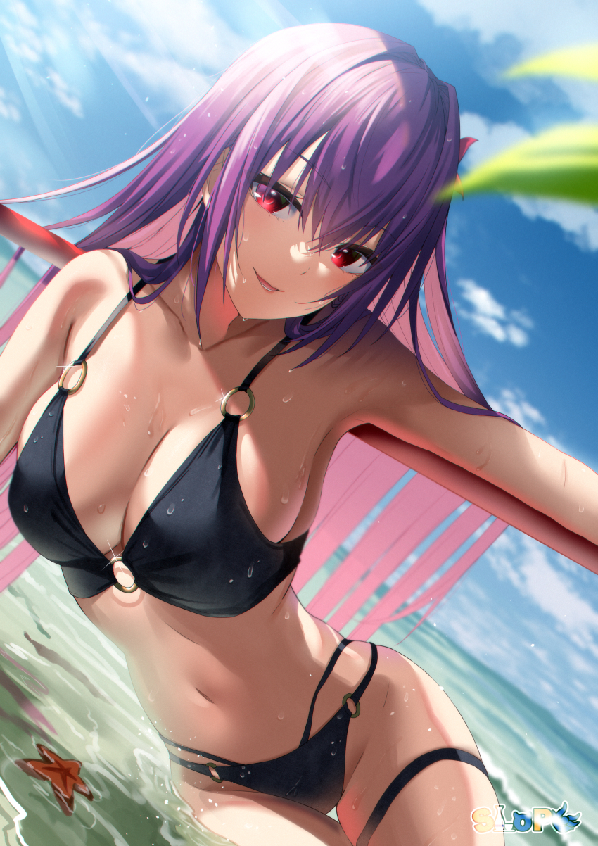 1girl, absurdres, beach, bikini, black_bikini, blue_sky, blurry, blurry_foreground, breasts, cleavage, cloud, collarbone, colored_inner_hair, day, fate/grand_order, fate_(series), flower, hair_between_eyes, hair_flower, hair_ornament, highres, large_breasts, long_hair, looking_at_viewer, multi-strapped_bikini, multicolored_hair, navel, o-ring, o-ring_bikini, open_mouth, outdoors, pink_hair, purple_lips, red_eyes, red_flower, scathach_(fate), scathach_(fate/grand_order), scathach_(swimsuit_assassin)_(fate), skindentation, sky, slope_(check238), solo, straight_hair, summer, sunlight, swimsuit, thigh_gap, thigh_strap, two-tone_hair, very_long_hair
