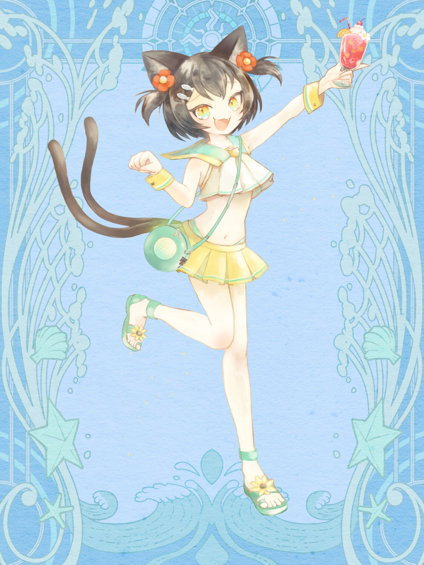 1girl, :d, animal_ears, bag, black_hair, blue_background, breasts, cat_ears, cat_girl, cat_tail, dairoku_ryouhei, drink, drinking_straw, fangs, fish_hair_ornament, flower-shaped_hair, food, fruit, hair_ornament, hairclip, handbag, highres, holding, holding_drink, midriff, navel, open_mouth, orange_(fruit), orange_slice, parfait, paw_pose, sailor_collar, sandals, short_hair, short_twintails, simple_background, skirt, small_breasts, smile, solo, standing, suzuhara_tsubaki, tail, twintails, usaleek, wristband, yellow_eyes, yellow_skirt