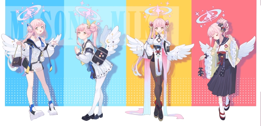 1girl, :d, alternate_costume, alternate_hairstyle, angel_wings, antenna_hair, doodle_sensei_(blue_archive), bag