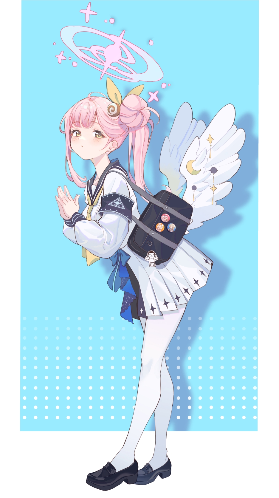1girl, ahoge, angel_wings, badge, bag, black_shoes, blue_archive, blunt_bangs