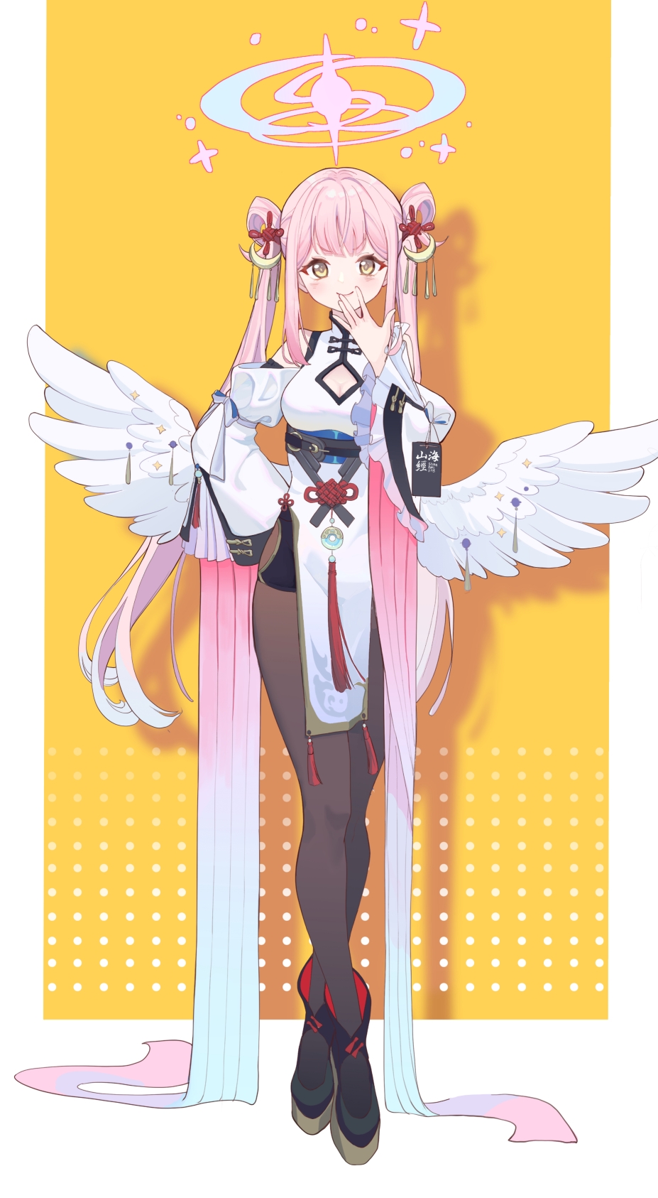 1girl, alternate_costume, alternate_hairstyle, angel_wings, black_pantyhose, blue_archive, blunt_bangs, breasts