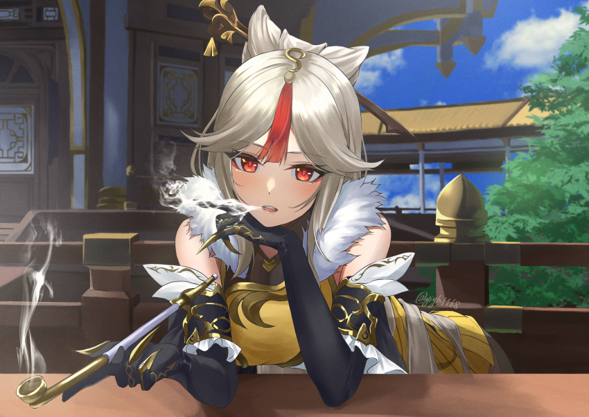 1girl, absurdres, against_railing, architecture, bare_shoulders, black_gloves, breasts, chakuma_(yiyh1468)