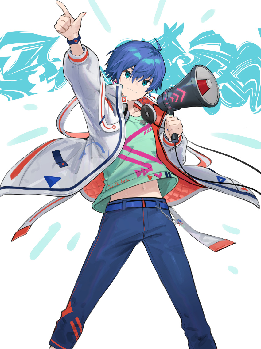 1boy, absurdres, ahoge, amamine_shu, belt, blue_eyes, blue_hair, hair_between_eyes