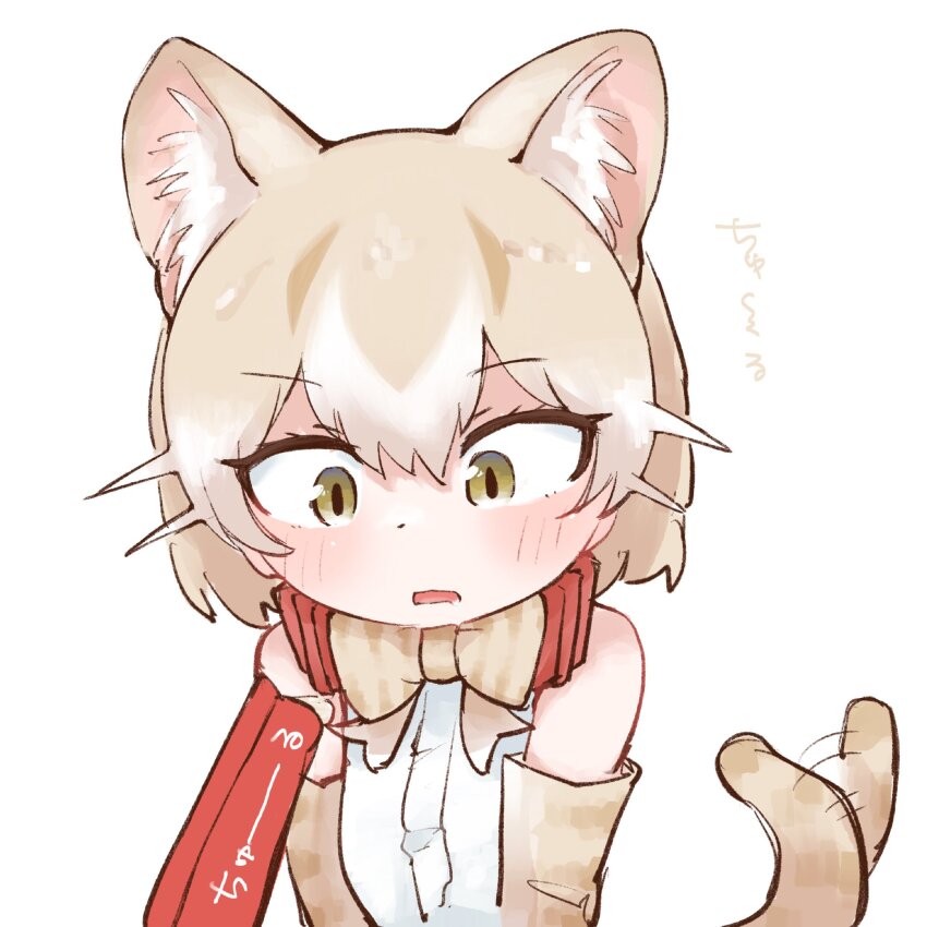1girl, animal_ears, animal_print, bare_shoulders, blush, bow, bowtie, cat_(kemono_friends)