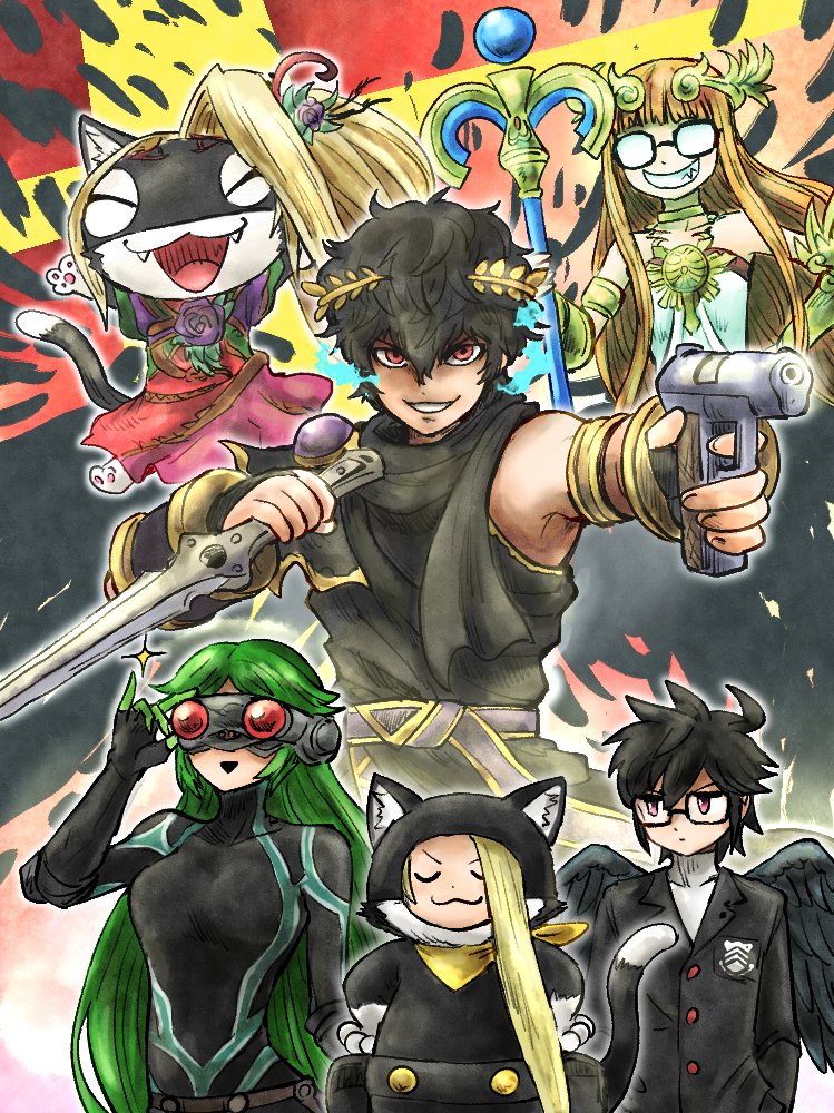 amamiya_ren, amamiya_ren_(cosplay), angel, angel_wings, bare_shoulders, black_wings, blonde_hair, bodysuit, cat_tail, cosplay, dark_pit, dark_pit_(cosplay), dress, fangs, glasses, goggles, green_hair, gun, hands_on_own_hips, holding, holding_gun, holding_knife, holding_weapon, kicdon, kid_icarus, kid_icarus_uprising, knife, laurel_crown, morgana_(persona_5), morgana_(persona_5)_(cosplay), nintendo, orange_hair, palutena, palutena_(cosplay), persona, persona_5, red_dress, red_eyes, sakura_futaba, sakura_futaba_(cosplay), smile, sparkle, super_smash_bros., tail, teeth, viridi, viridi_(cosplay), weapon, wings