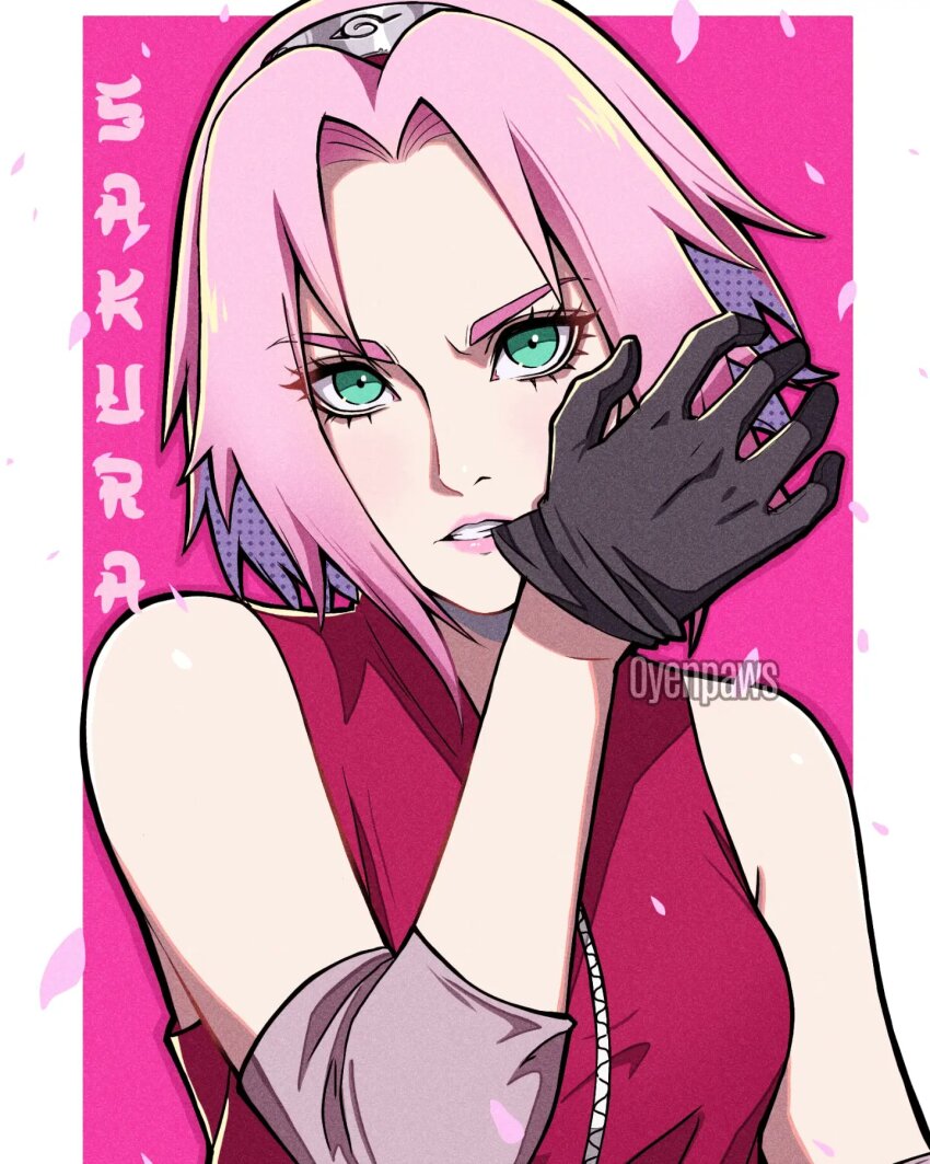 1girl, black_gloves, breasts, commentary, drawing, english_commentary, english_text, forehead_protector, gloves, green_eyes, haruno_sakura, highres, looking_at_viewer, medium_breasts, medium_hair, mouth_hold, naruto_(series), naruto_shippuuden, outside_border, oyenpaws, pink_hair, solo, teeth