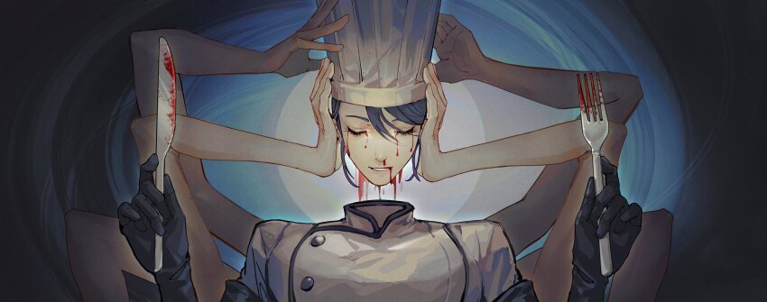 1girl, absurdres, arthropod_limbs, black_gloves, black_hair, blood, blood_drip, blood_from_mouth, blood_on_fork, bloody_tears, bloody_weapon, chainsaw_man, chef, chef_hat, closed_eyes, disembodied_head, elbow_gloves, extra_arms, facing_viewer, falling_devil_(chainsaw_man), flat_top_chef_hat, fork, gloves, hat, highres, holding, holding_detached_head, holding_fork, holding_knife, knife, nosebleed, parted_lips, renshena, severed_head, short_hair, smile, solo, weapon