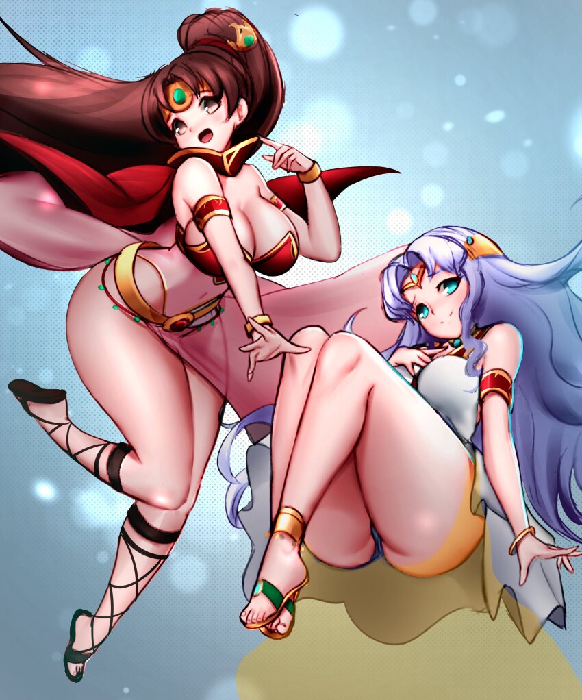 2girls, absurdres, bare_shoulders, blue_eyes, breasts, brown_eyes, brown_hair, cleavage, covered_navel, fire_emblem, fire_emblem:_mystery_of_the_emblem, fire_emblem:_thracia_776, fire_emblem_heroes, floating, highres, jaxdrawz, large_breasts, light_purple_hair, linde_(fire_emblem), linde_(khadein)_(fire_emblem), long_hair, looking_at_viewer, multiple_girls, nintendo, official_alternate_costume, open_mouth, parted_bangs, ponytail, sandals, sara_(fire_emblem), sara_(khadein)_(fire_emblem), smile, thick_thighs, thighs
