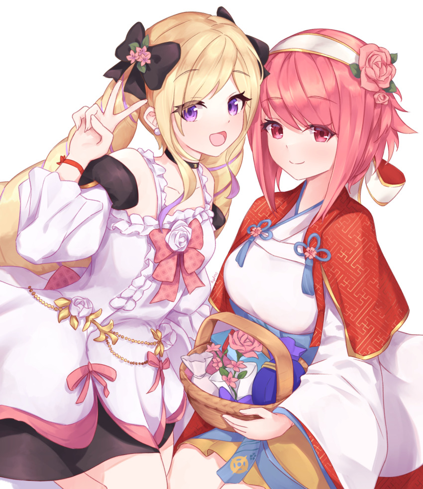 2girls, :d, basket, black_bow, blonde_hair, bow, capelet, chinese_knot