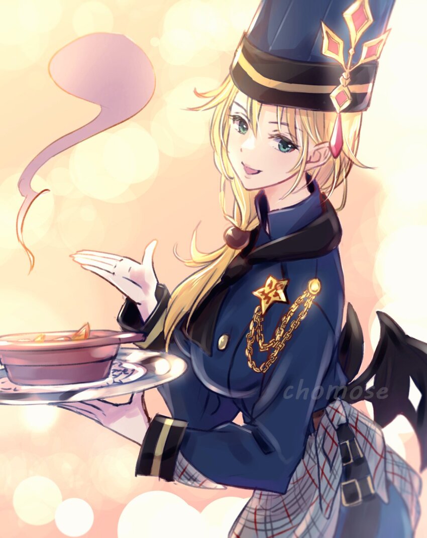 1girl, artist_name, blonde_hair, bowl, breasts, buttons, chef, chef_hat