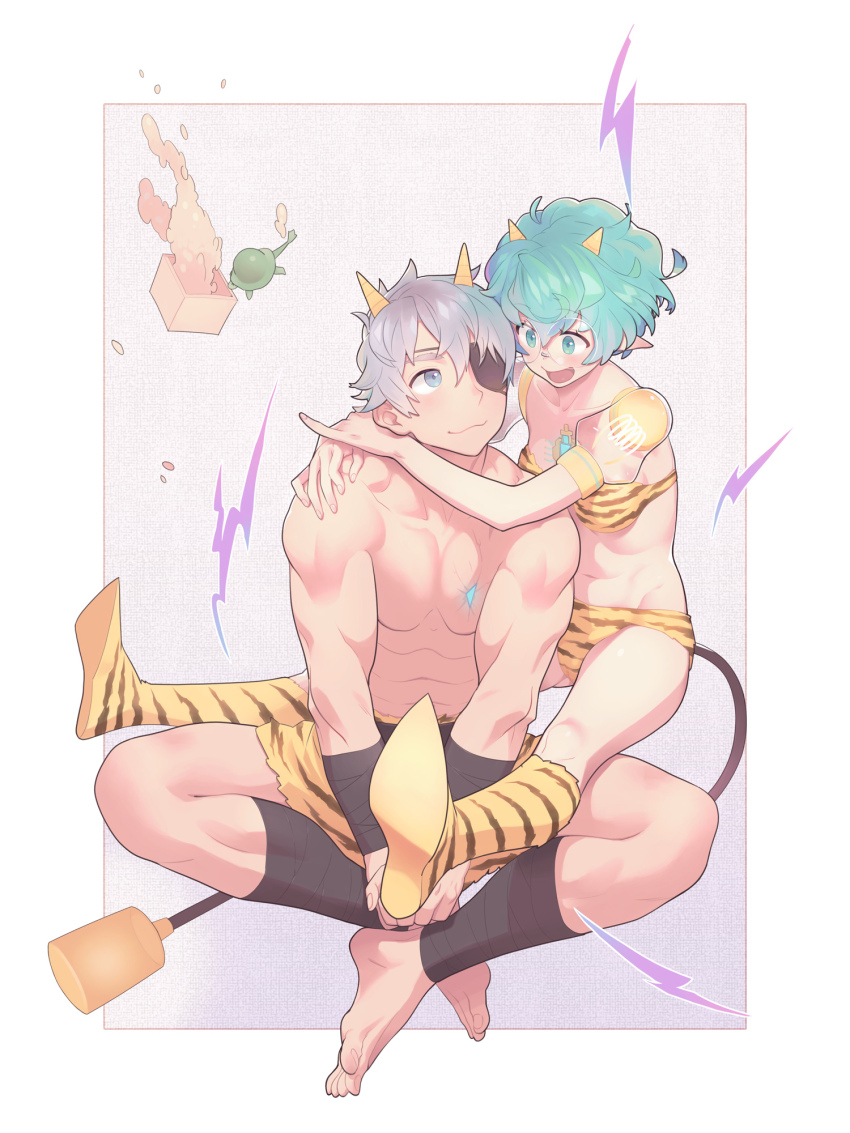 1boy, 1girl, :d, abs, animal_print, barefoot, bikini, black_eyes