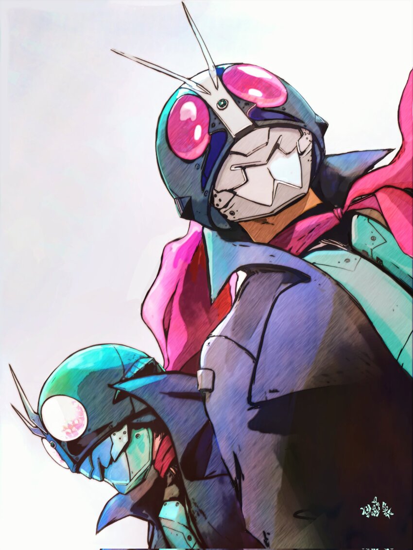 2boys, antennae, black_coat, boots, bug, coat, commentary_request, compound_eyes