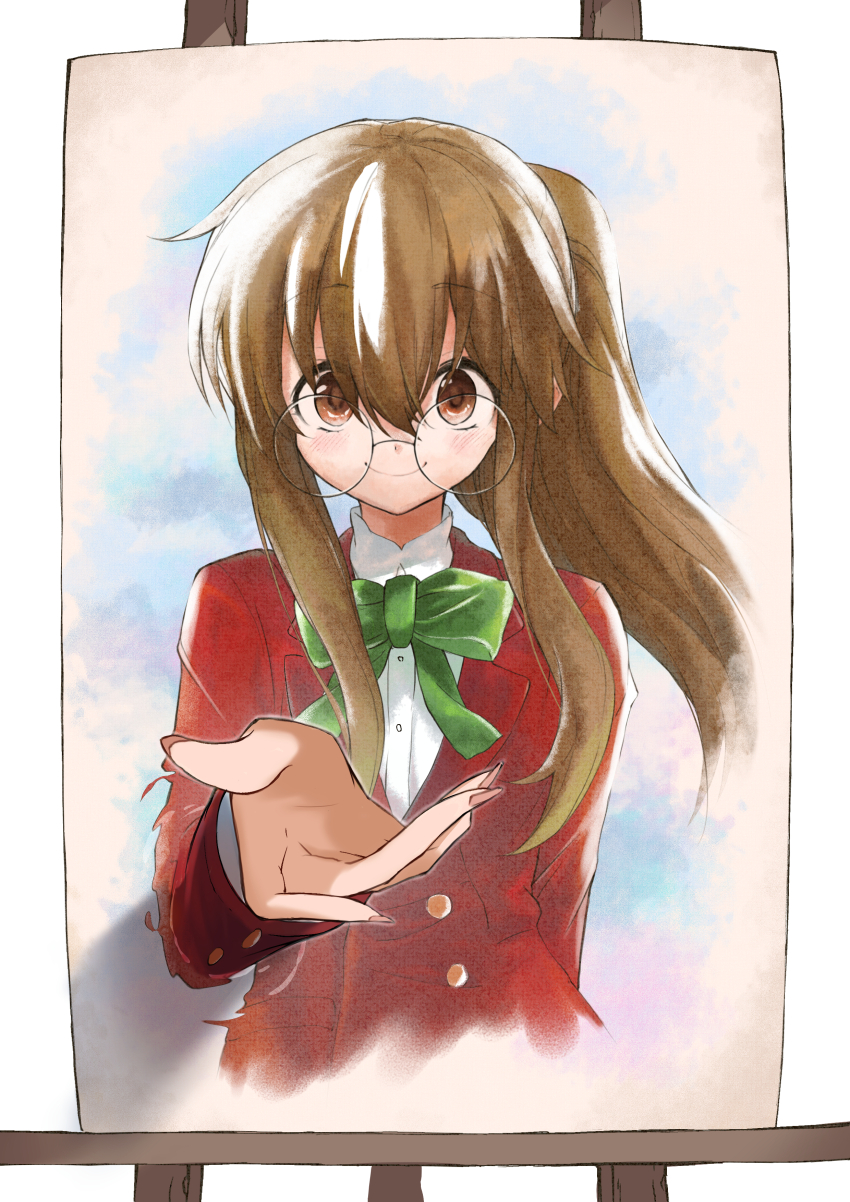 1girl, absurdres, arm_behind_back, ayanoi_high_school_uniform, blazer, bow, bowtie, brown_eyes