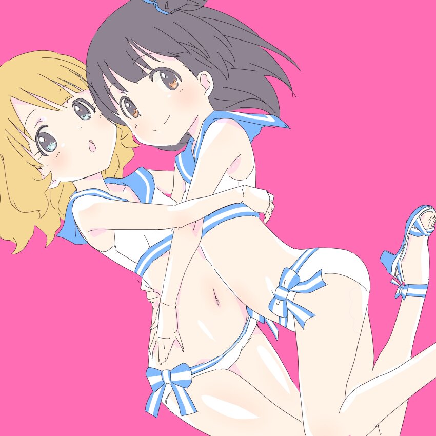 2girls, absurdres, bikini, black_hair, blonde_hair, blue_eyes, brown_eyes, commentary_request, dutch_angle, face-to-face, hand_on_another's_waist, high_heel_sandals, high_heels, highres, hug, idolmaster, idolmaster_million_live!, legs_up, looking_at_viewer, multiple_girls, nakatani_iku, navel, one_side_up, open_mouth, pink_background, sailor_bikini, sailor_collar, sailor_swimsuit_(idolmaster), sandals, short_hair, simple_background, sketch, smile, sumitomo, suou_momoko, swimsuit, toes, white_bikini