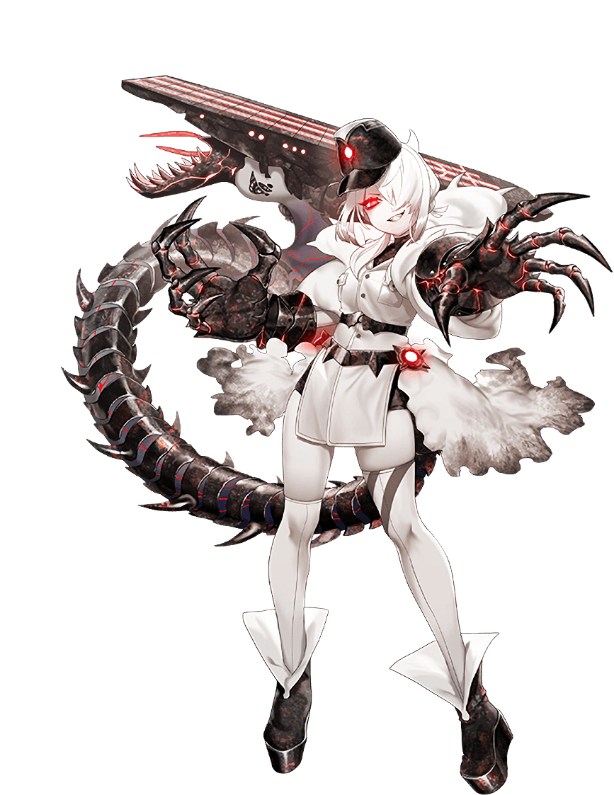 1girl, abyssal_ship, artist_request, black_hat, boots, breast_pocket, breasts, claws, colored_skin, dress, flight_deck, full_body, gradient_hair, grey_hair, grin, hair_over_one_eye, hat, horns, kantai_collection, looking_at_viewer, multicolored_hair, official_art, pale_skin, pelvic_curtain, pocket, red_eyes, remodeled_wartime_cargo_princess, small_breasts, smile, solo, standing, tail, teeth, thighhighs, tongue, transparent_background, white_dress, white_hair, white_skin