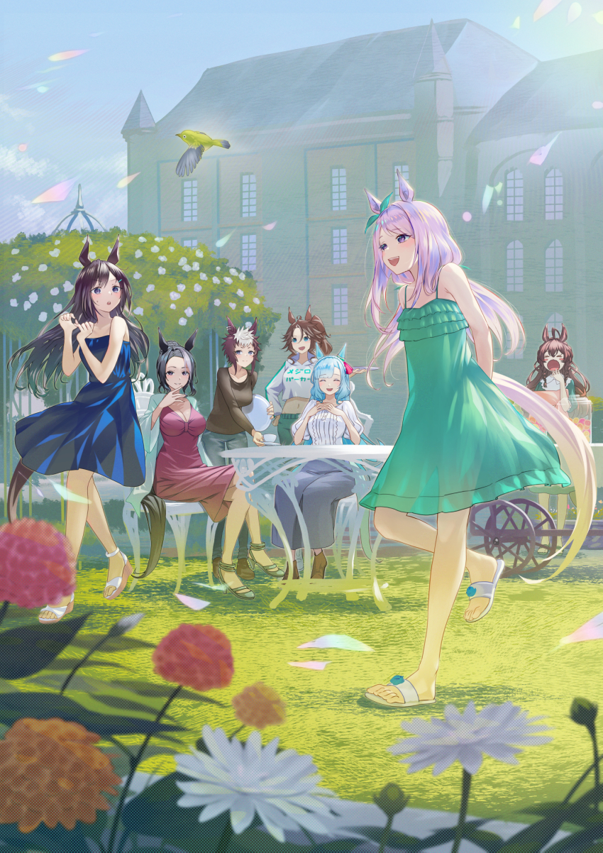 6+girls, :d, ^_^, ahoge, animal, animal_ears, bare_shoulders, bird